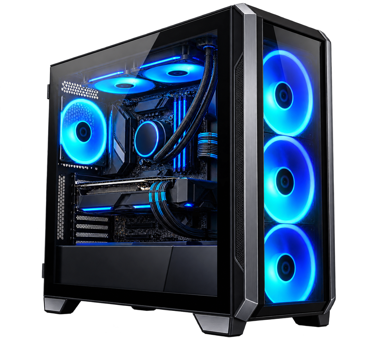 PC Gaming MMH Pro con torre negra y ventiladores RGB azul eléctrico