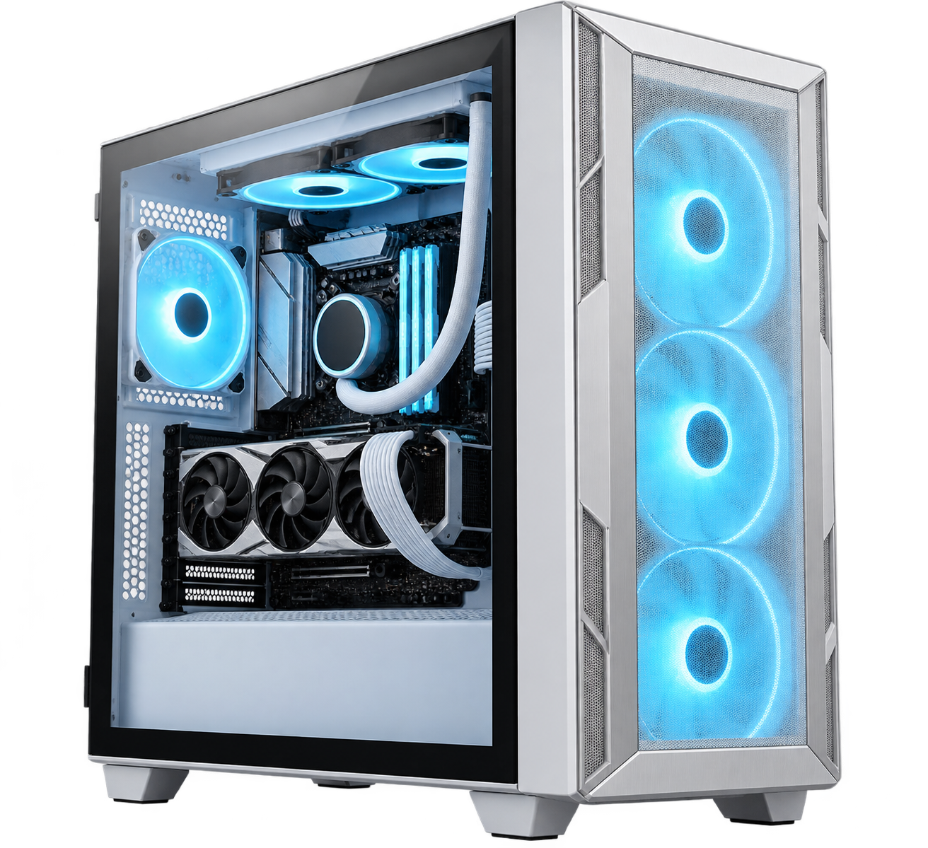 Torre gaming blanca y plata con iluminación azul